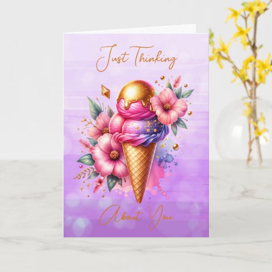 Hübsche Rosa und Gold Ice Cream denken über Sie Karte (Gelbe Blume)