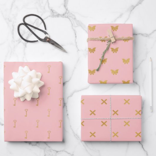 Hübsche Rosa- und Goldmuster Geschenkpapier Set (Vorderseite)