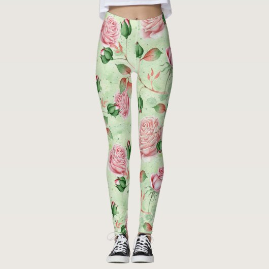 Hübsche Rosa und grüne Blüten  Leggings (Vorderseite)
