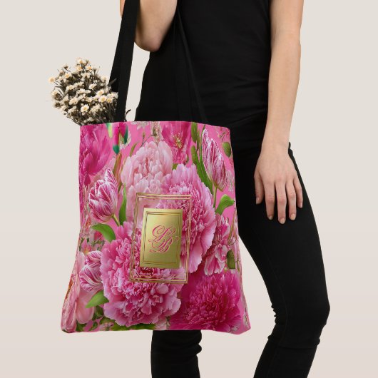 Hübsche rosa und grüne floral Monogramm-Garten Tasche (Von Nahem)