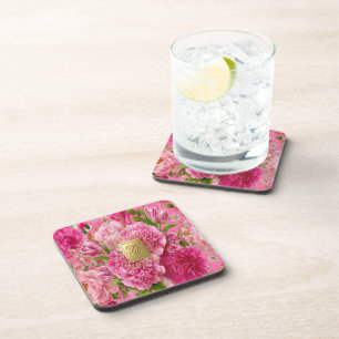 Hübsche rosa und grüne florale Monogramm-Party-Unt Getränkeuntersetzer