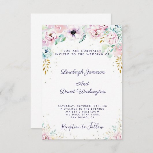 Hübsche Rosa und lila Blumen Hochzeit Einladung (Vorne/Hinten)