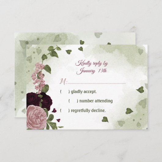 hübsche Rosa und Pflaumenbordeauxfarben Blume Grün RSVP Karte (Vorne/Hinten)