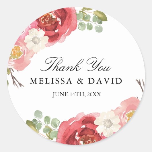 Hübsche Rosa und Rote Wasserfarbe Blume Vielen Dan Runder Aufkleber (Vorderseite)