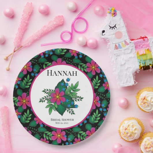 Hübsche, rosa und schwarze Flora Pappteller (Party)