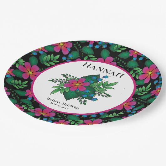 Hübsche, rosa und schwarze Flora Pappteller (Schrägansicht)