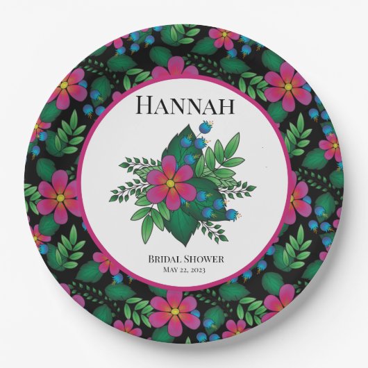 Hübsche, rosa und schwarze Flora Pappteller (Vorderseite)