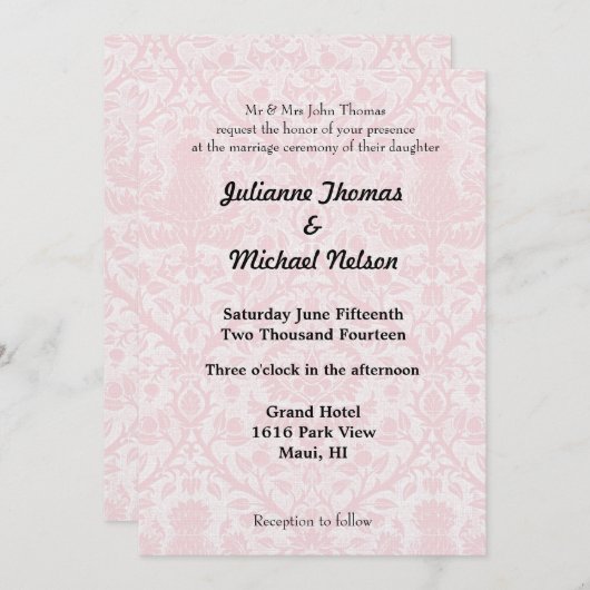 Hübsche Rosa- und WeißDamastenhochzeit Einladung (Vorne/Hinten)