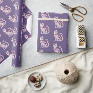 Hübsche rosa violette Herzen Blumenkatze Geburtsta Geschenkpapier