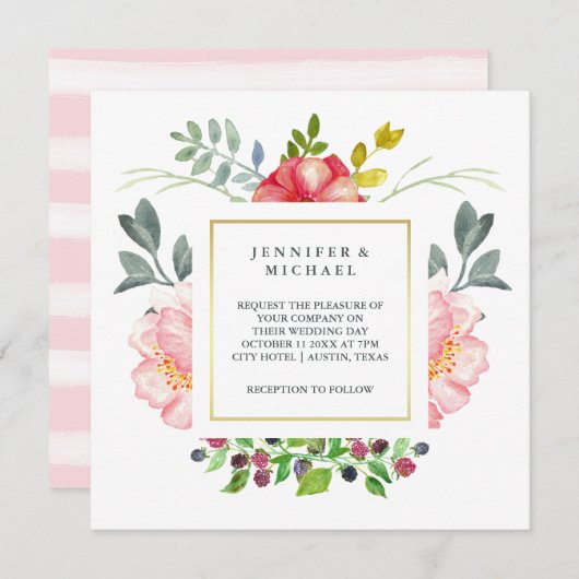 Hübsche rosa Watercolor-Pfingstrosen mit Einladung (Vorne/Hinten)