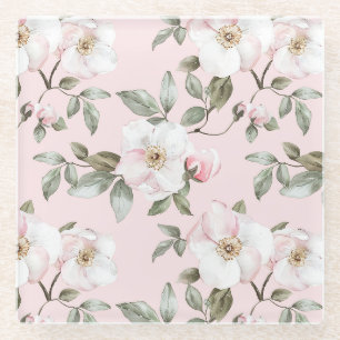 Hübsche rosa weiße Blumen Glasuntersetzer