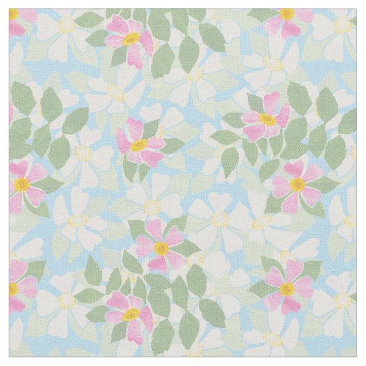 Hübsche Rosa-Weiße-Hunde-Rose auf Sky Blue Fabric Stoff (Nahaufnahme)