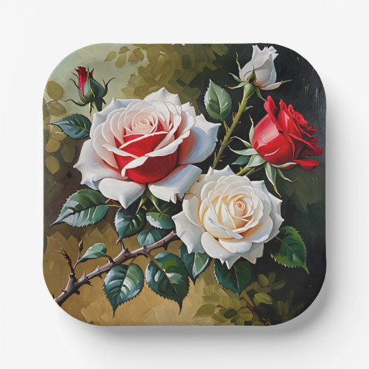 Hübsche rosa weiße rote Rosen Ölmalerei Pappteller (Vorderseite)