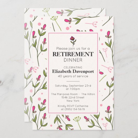 Hübsche Rosa Wildblumen Ruhestätte Einladung (Vorne/Hinten)