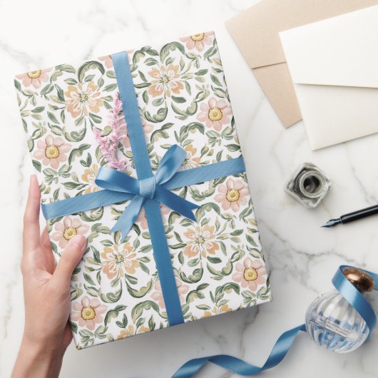 Hübsche rosafarbene grüne Blätter Blumen Geburtsta Geschenkpapier (Schenken)