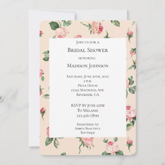 Hübsche Rose Blumenrosa Pfirsichcreme Brautparty Einladung (Vorderseite)