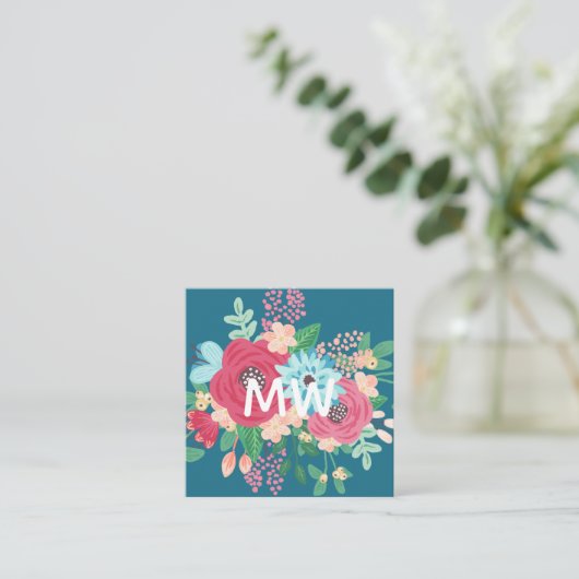 Hübsche Rose Bouquets - Aquamarin & rosa - Monogra Quadratische Visitenkarte (Stehend Vorderseite)