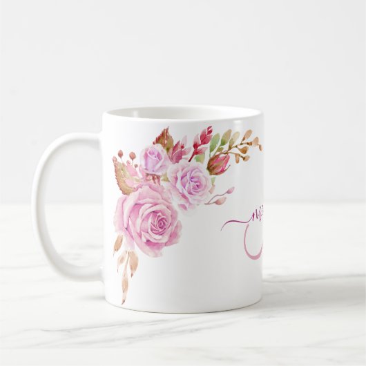 Hübsche Rose Floral Custom Monogram Kaffeetasse (Links)