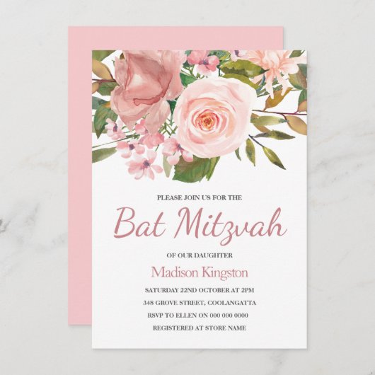 Hübsche Rose Gold Pink Blume Bat Mitzvah Einladung (Vorne/Hinten)