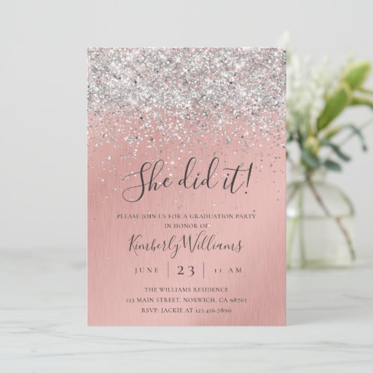 Hübsche Rose Gold Silver Glitzer Funkelnd Abschlus Einladung (Stehend Vorderseite)