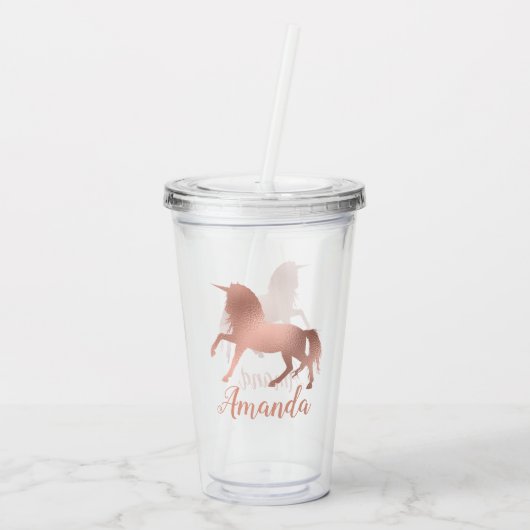 Hübsche Rose Gold Unicorn Personalisiert Girly Acryltrinkbecher (Rückseite)