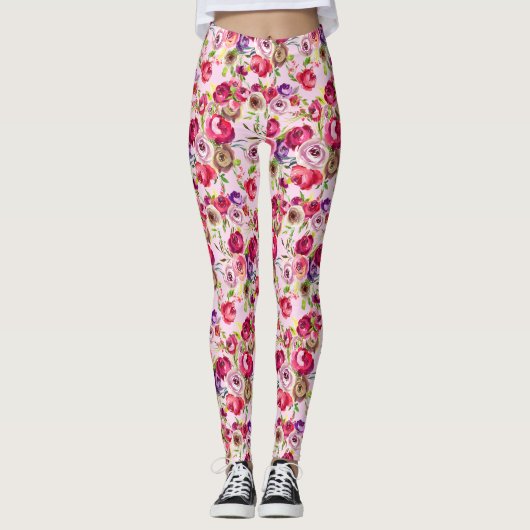 Hübsche Rose Pink Chic Wasserfarbe Peony Leggings (Vorderseite)