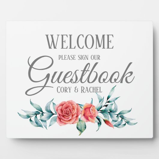 Hübsche Rose und Eucalyptus Guestbook Tabletop Fotoplatte (Vorderseite)