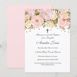Hübsche roségoldene Floral Mädchen Taufe Einladung