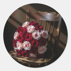 Hübsche Rosen auf einem rustikalen Stuhl Runder Aufkleber