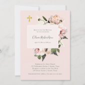 Hübsche Rosen und Fernen mit Gold | Taufe Einladung (Vorderseite)