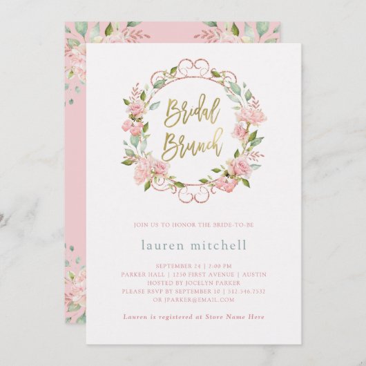 Hübsche Rosen und Gold-Script | Bridal Brunch Einladung (Vorne/Hinten)