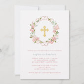 Hübsche Rosen und Goldkreuz | Blumentaufen Einladung (Vorderseite)