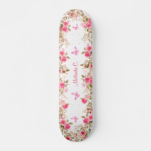Hübsche Rosen und rosa Schmetterlinge Skateboard (Vorne)