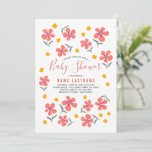 Hübsche Rot-Gelb-Blumen Kinderdusche Einladung (Stehend Vorderseite)