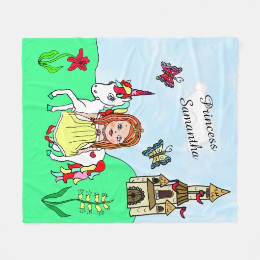Hübsche Rote Kopfprinzessin und Einhornmärchen Fleecedecke (Vorderseite (Horizontal))