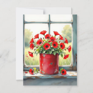 Hübsche rote Mohnblumen in einem alten Blechtopf Postkarte