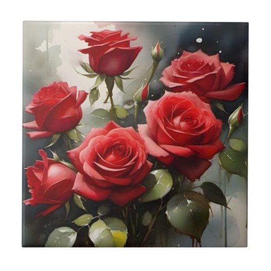 Hübsche rote Rosen Aquarellmalerei Fliese (Vorderseite)