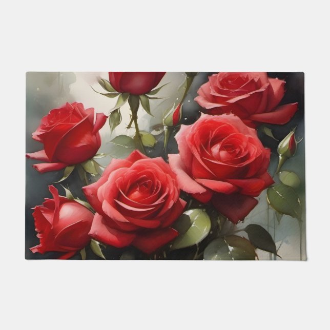 Hübsche rote Rosen Aquarellmalerei Fußmatte (Vorderseite)