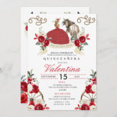 Hübsche Rote Rosen Cowgirl Western Quinceañera Einladung (Vorne/Hinten)