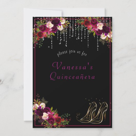 Hübsche Rote Rosen funkeln Sterne Hoch Heels Quinc Einladung (Vorderseite)