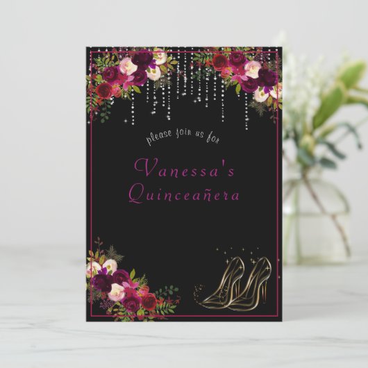 Hübsche Rote Rosen funkeln Sterne Hoch Heels Quinc Einladung (Stehend Vorderseite)