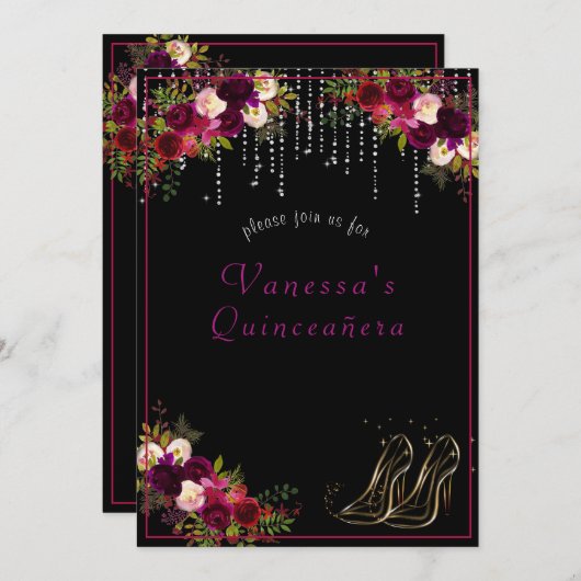 Hübsche Rote Rosen funkeln Sterne Hoch Heels Quinc Einladung (Vorne/Hinten)