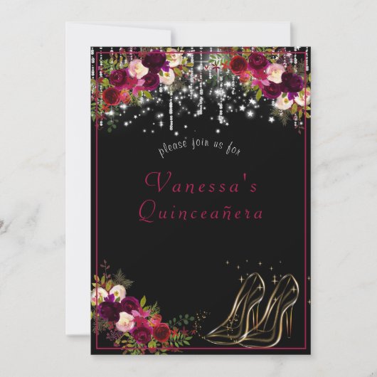 Hübsche Rote Rosen funkeln Sterne Hoch Heels Quinc Einladung (Vorderseite)