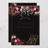 Hübsche Rote Rosen funkeln Sterne Hoch Heels Quinc Einladung (Vorne/Hinten)