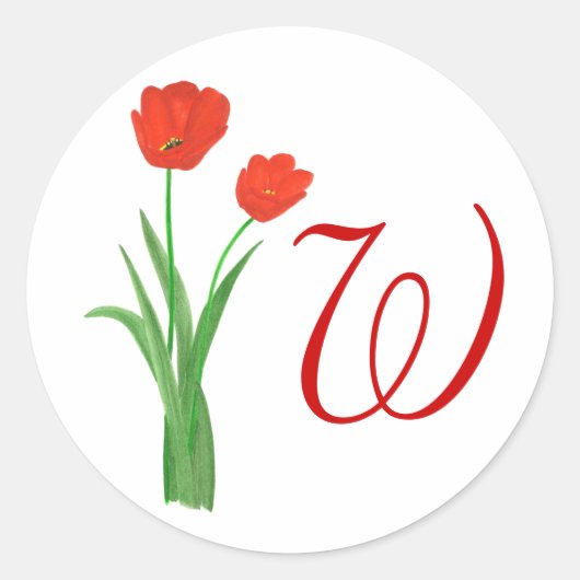Hübsche Rote Tulpen, Monogramm Hochzeitskleber für Runder Aufkleber (Vorderseite)