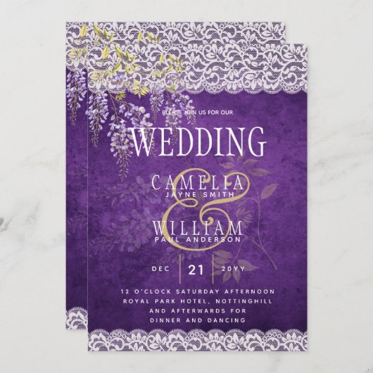 Hübsche Rustikale Lila WISTERIA Hochzeit Einladung (Vorne/Hinten)