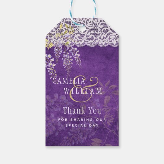 Hübsche Rustikale Lila WISTERIA Hochzeit Geschenkanhänger (Vorderseite)