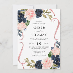 Hübsche rustikale Navy-Blush-Blumen-Hochzeitseinla Einladung