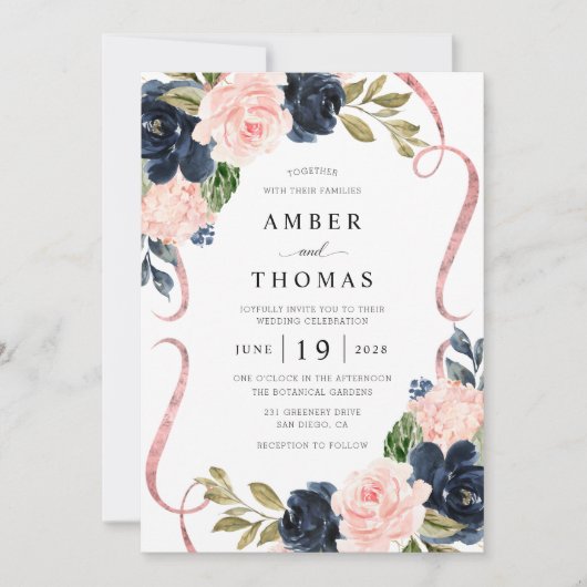 Hübsche rustikale Navy-Blush-Blumen-Hochzeitseinla Einladung (Vorderseite)
