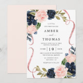 Hübsche rustikale Navy-Blush-Blumen-Hochzeitseinla Einladung (Vorne/Hinten)